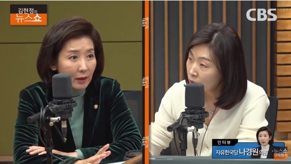 31일 CBS '김현정의 뉴스쇼'에 출연한 나경원 자유한국당 의원이 김현정 앵커와 인터뷰를 하고 있다.