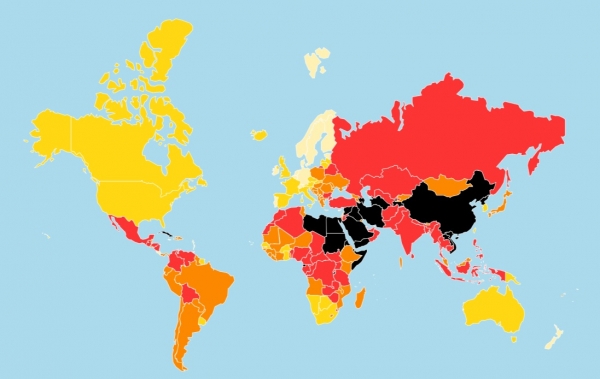 국경없는 기자회가 21일 공개한 '2020 언론자유지수'를 색깔로 표시한 지도.