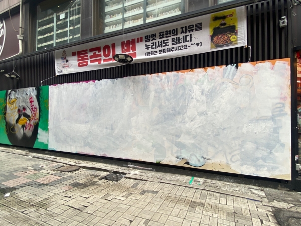 지난 2일 서울시 종로구의 한 중고서점 외벽에 그려졌던 '쥴리 벽화'가 하얀 페인트로 뒤덮였다. ⓒPD저널