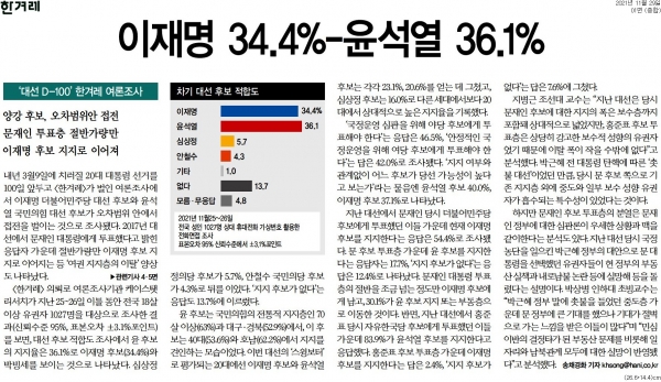 한겨레 11월 29일자 1면 기사.