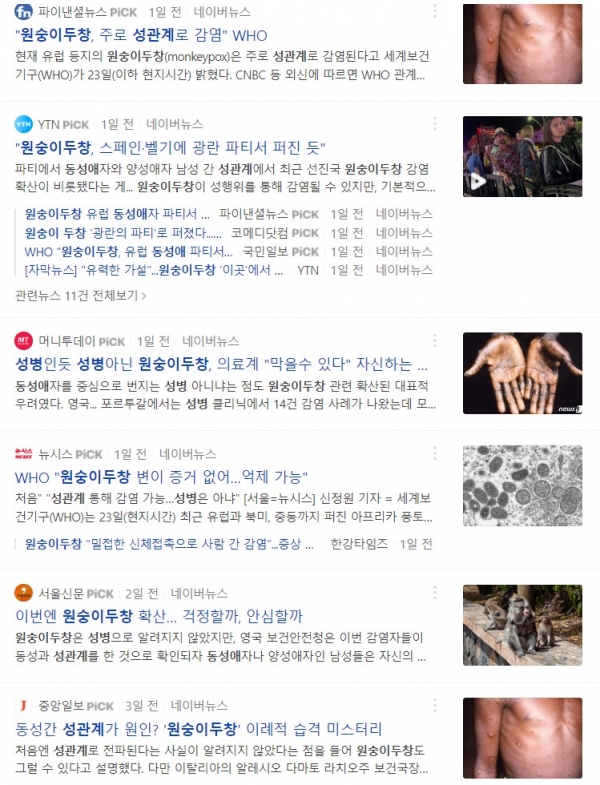 포털사이트 '네이버'에 검색해서 뜨는 '동성애', '성관계', '성병' 관련한 '원숭이두창' 언론보도.