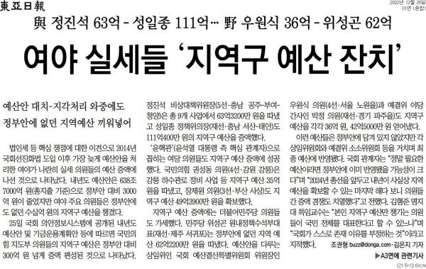 동아일보 12월 26일자 1면 기사.