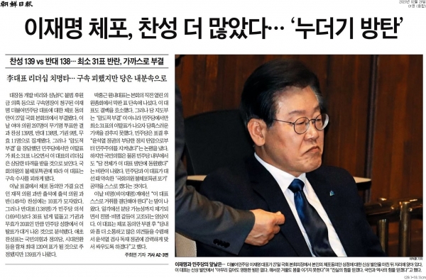 조선일보  2월 28일자 1면 기사.